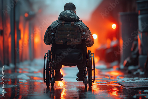 back of a lonely military disabled soldier man in a invalid wheelchair on a walk in street in city photo