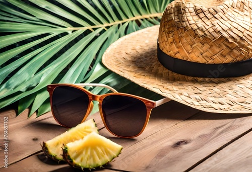 hat and sunglasses on the beach