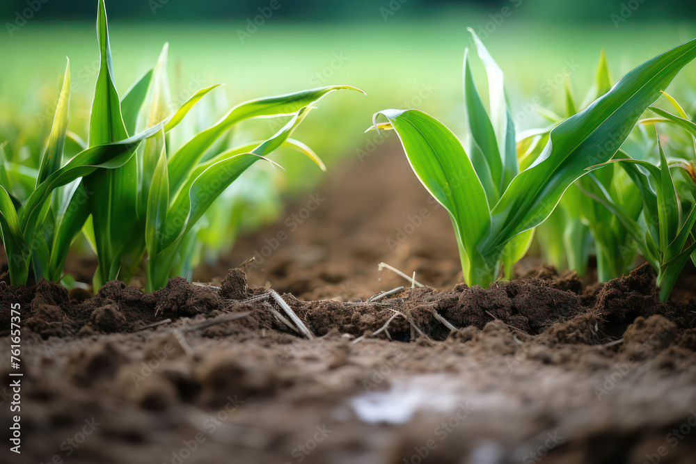 Vibrant Life: A Close-Up of a Young Green Sprout Growing in a Lush Agricultural Field during Spring Vibrant Life: A Close-Up of a Young Green Sprout Growing in a Lush Agricultural Field during Spring