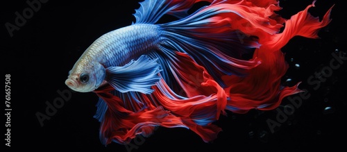An electric blue and red betta fish gracefully swims in the darkness of the water against a black background, resembling a fictional character in a captivating art piece