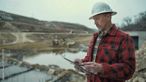 Construction site engineer in a plaid jacket using a digital tablet, overseeing development in a quarry.