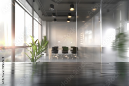 Blurred large modern office meeting room in the morning  interior workplace with cityscape for business presentation background 