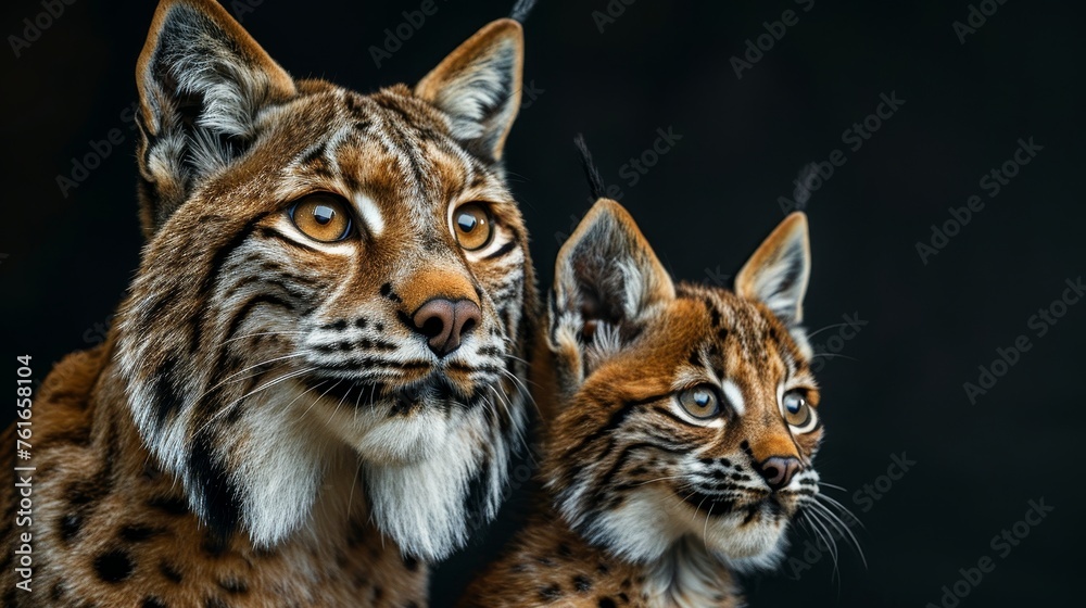 Male lynx and cub portrait with text space, object on right side, perfect for detailed descriptions