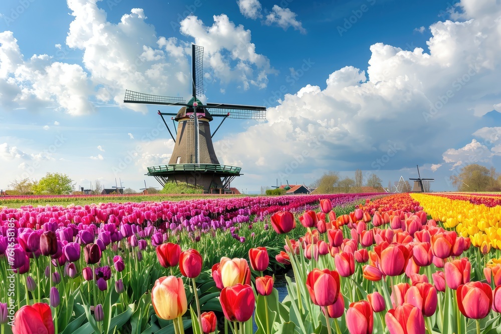 Dutch windmill over colorful tulips field, Netherlands