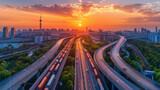 Sunset casts warm hues over a complex highway interchange in a bustling cityscape.