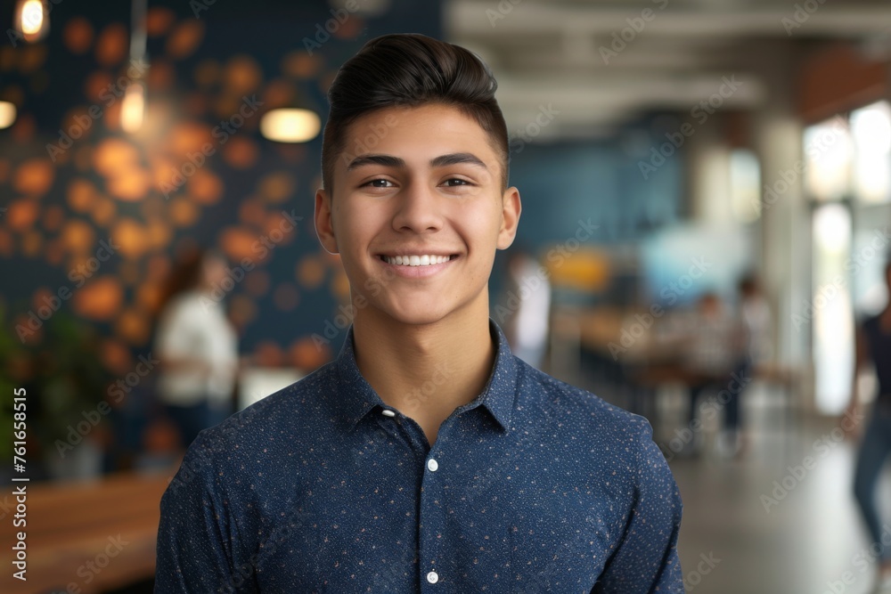 Young smart hispanic businessman, smiling face, standing in blur background of creative colorful office interior design. AIG20. Young smart hispanic businessman, smiling face, standing in blur background of creative colorful office interior design. AIG20.