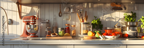  a kitchen counter full of food, cooking tools and appliances photo