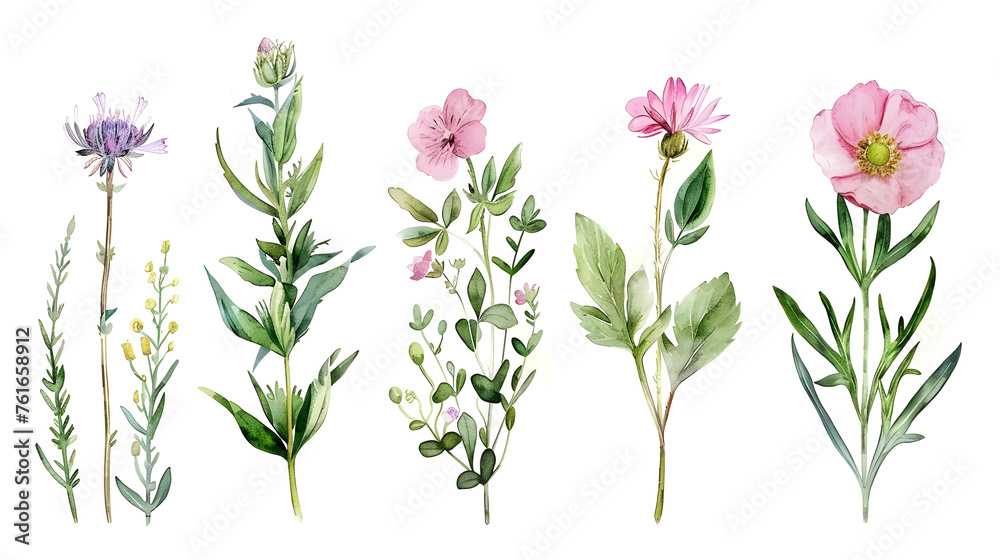 Scientific Watercolor Set of Various Flowers Scientific Watercolor Set of Various Flowers