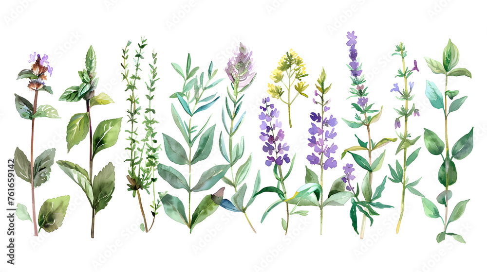 Medicinal Plants in Watercolor - obrazy, fototapety, plakaty 