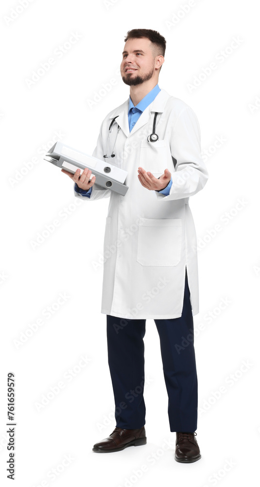 Doctor in coat with folders on white background Doctor in coat with folders on white background