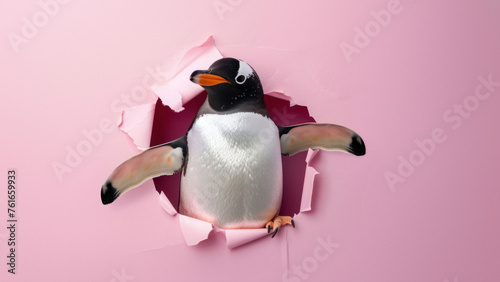 A playful penguin pops through pink paper, contrasting cuteness with a vibrant pink tone