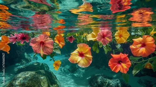 A mesmerizing display of colorful hibiscus flowers reflected in the crystal-clear waters of a tropical lagoon.