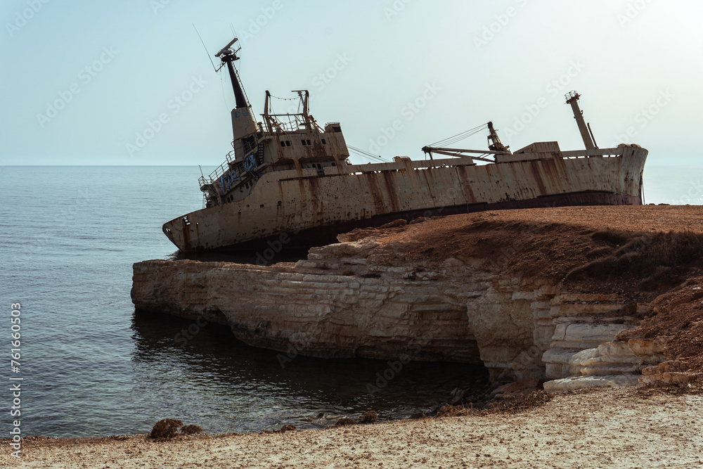 Remains of a shipwrecked vessel off the rocky shores of Paphos, Cyprus Remains of a shipwrecked vessel off the rocky shores of Paphos, Cyprus