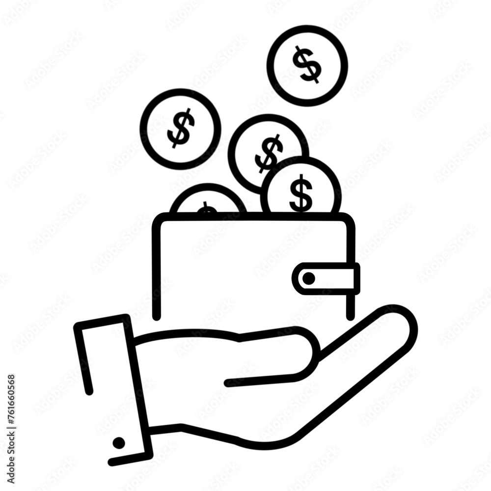 save money icon, wallet with coins in the hand, finance income, transfer, deposit or payment, price and cash back, cost refund, thin line symbol, flat line icon isolated on white