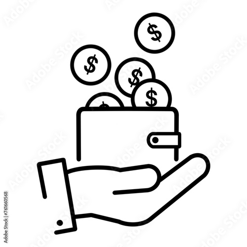 save money icon, wallet with coins in the hand, finance income, transfer, deposit or payment, price and cash back, cost refund, thin line symbol, flat line icon isolated on white