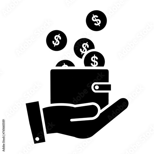 save money icon, wallet with coins in the hand, finance income, transfer, deposit or payment, price and cash back, cost refund, thin line symbol, flat line icon isolated on white