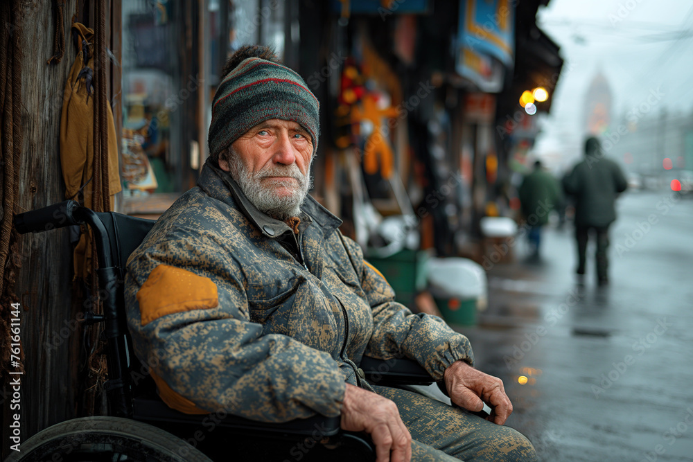 portrait of old elderly disabled man homeless in a invalid wheelchair in the street in winter