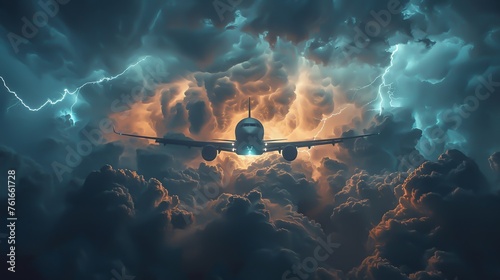 An airplane flying in the sky during a storm