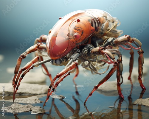 A robotic creature emerging from a sea of microbiological structures