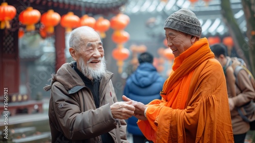 Buddhist monks in traditional clothes talking to each other outdoors with monastery on background.