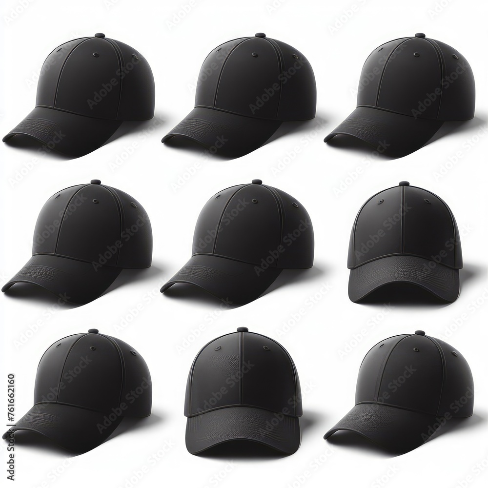 A set of black baseball caps isolated on a white background A set of black baseball caps isolated on a white background
