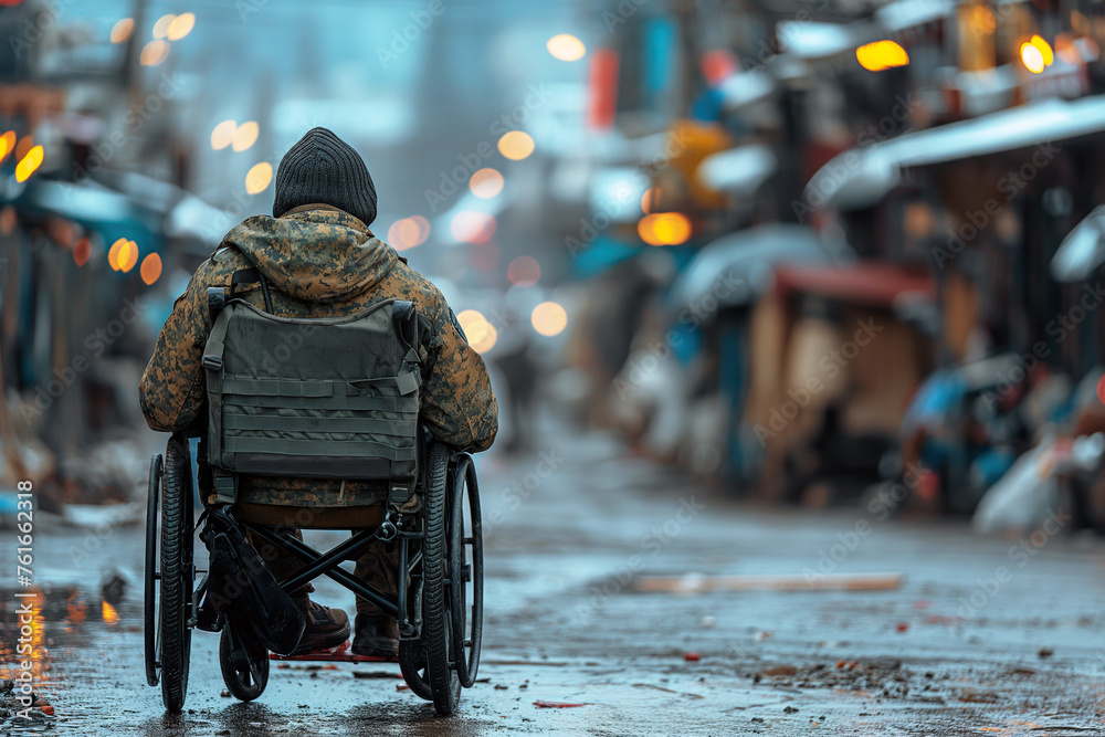 back of elderly military veteran disabled man homeless in a invalid wheelchair in street in winter