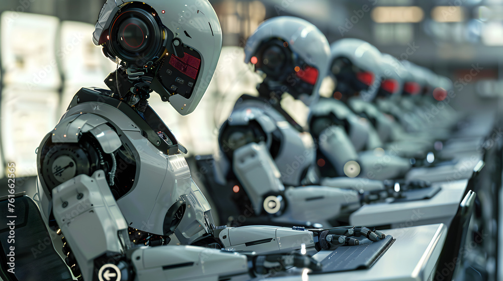 Fototapeta premium Row of Advanced Cybernetic Robots at Computer Workstations