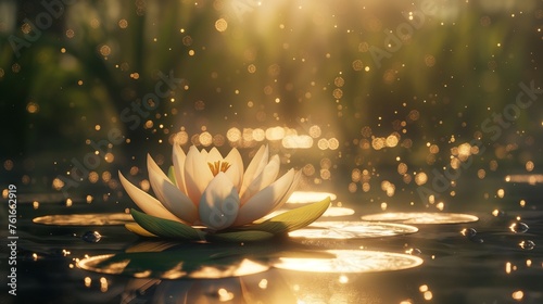 A solitary lotus flower unfurling its petals amidst the stillness of a shimmering lake.