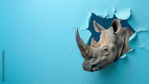 A captivating visual of a rhino s head breaking through a blue paper-like barrier