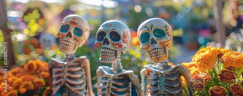 decoration of the happy and playful skeletons at the sunny backyard in blurred background