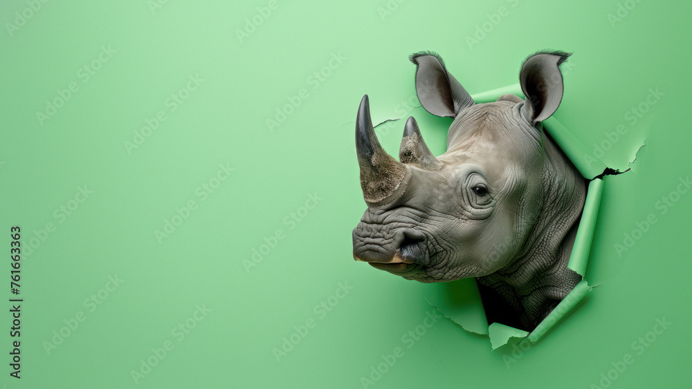 A curious baby rhinoceros is peeking through a ripped green paper, evoking a sense of surprise and discovery