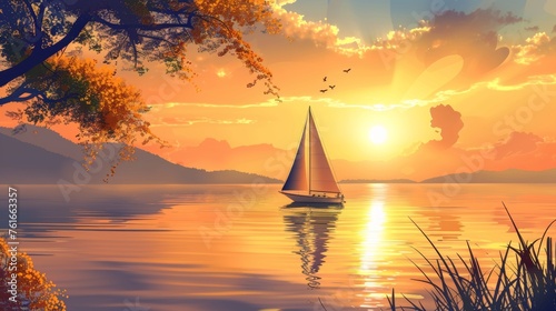 Serene Lake Sunset with Sailboat AI Generated.