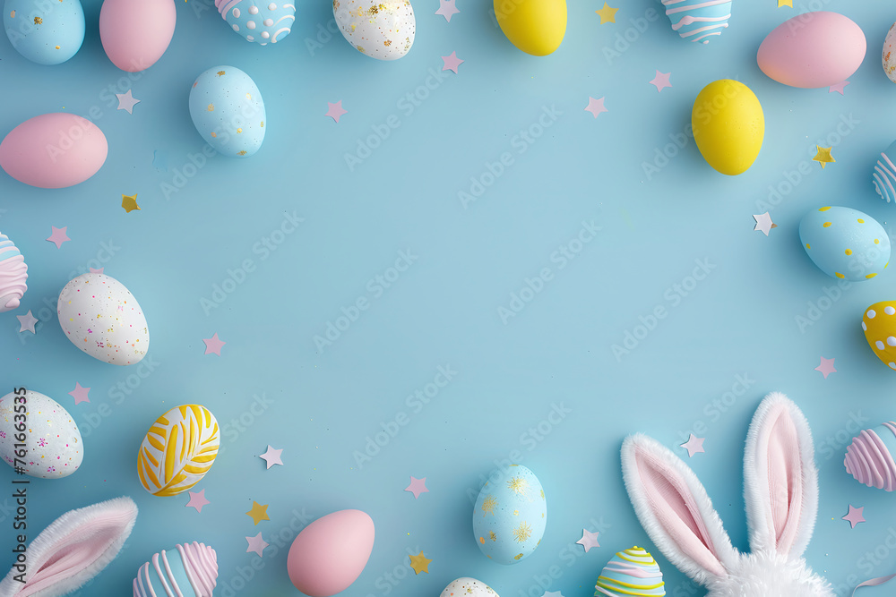 Easter holiday greeting card concept. Top view of white bunny ears and colorful easter eggs. Pastel blue background isolated with copyspace in the center.