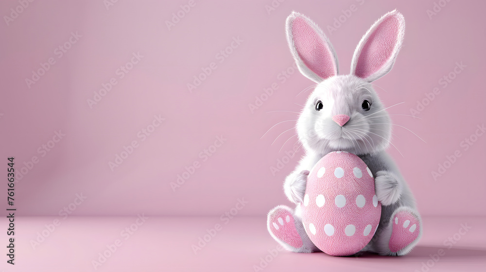 Funny Easter bunny holding a colorful egg on a pastel pink background