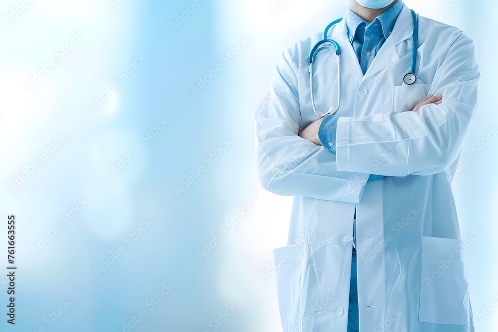 Medical Professional in White Coat: A Doctor's Portrait with Light Blue Background Medical Professional in White Coat: A Doctor's Portrait with Light Blue Background