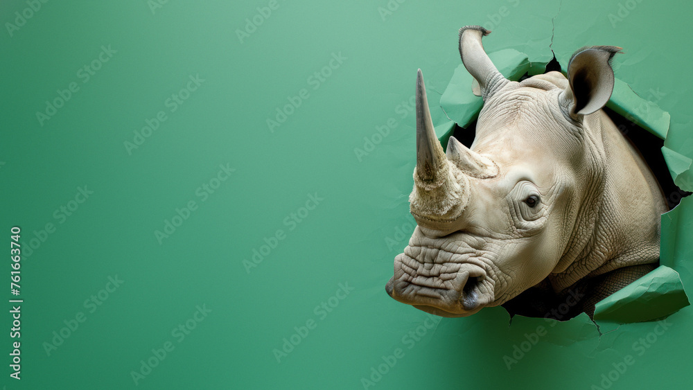 Fototapeta premium An artistic image featuring a rhino with its horn piercing through a green paper, depicting determination