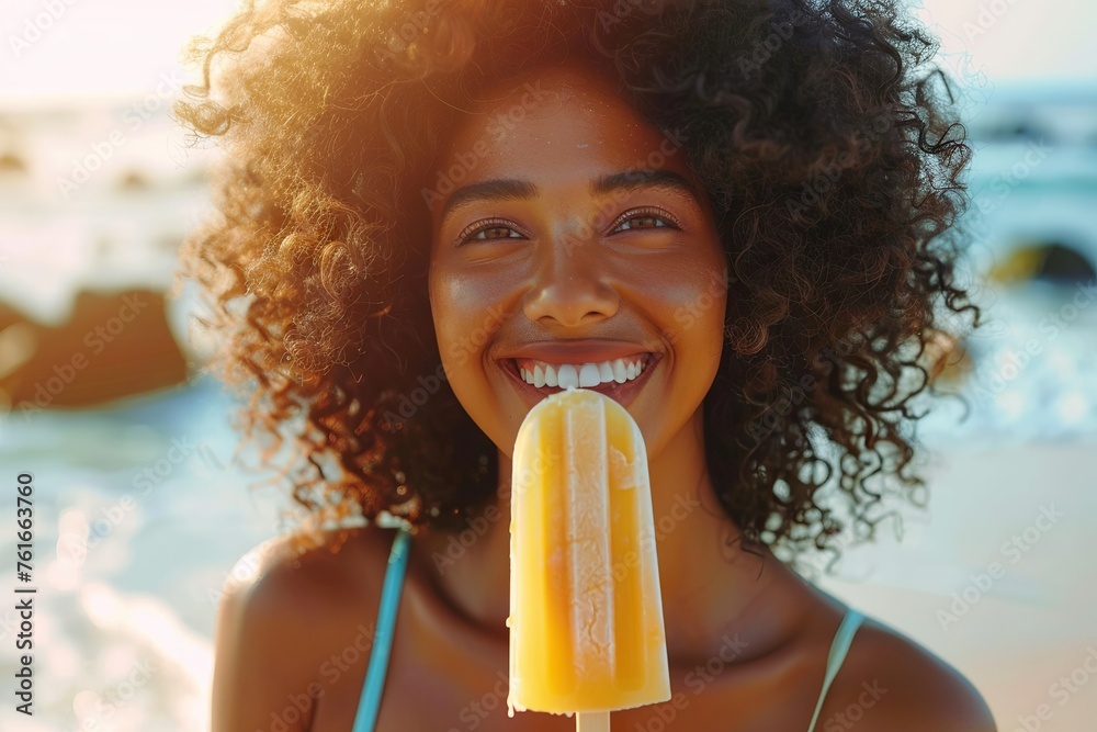 Summer Serenity Portrait of a Young, Smiling African American Woman Savoring a Popsicle Ice Cream on a Hot Summer Day at the Beach Summer Serenity Portrait of a Young, Smiling African American Woman Savoring a Popsicle Ice Cream on a Hot Summer Day at the Beach