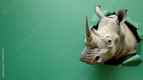 An artistic image featuring a rhino with its horn piercing through a green paper, depicting determination