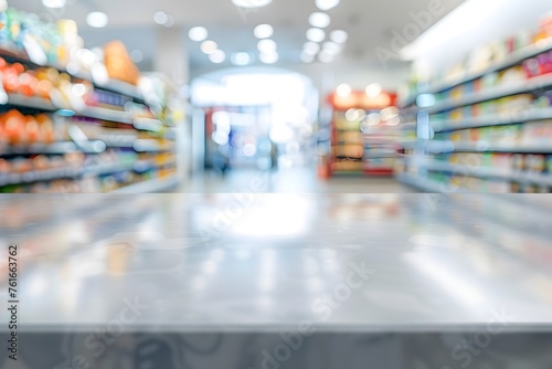 Modern Convenience Shop: Empty Table Top Display in Bright, Soft-Colored Supermarket Interior