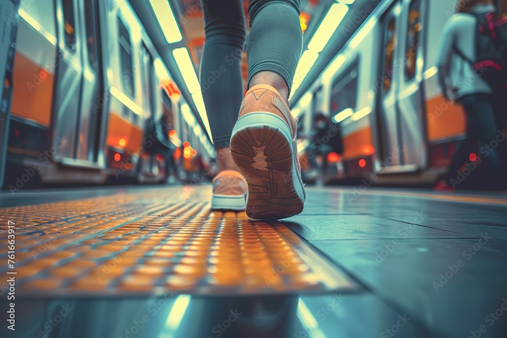 Fototapeta premium Journey of Daily Life Commuter Legs Walking Alongside a Suburban Train, Depicting People’s Routine of Public Transportation Between Home and Work