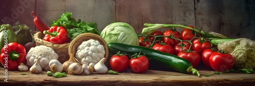 Assortment of vegetables on wooden table  healthy diet ingredients.