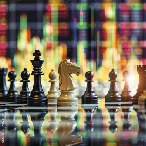 A game of chess with each move mirrored in the fluctuations of stock graphs in the background symbolizing market battles