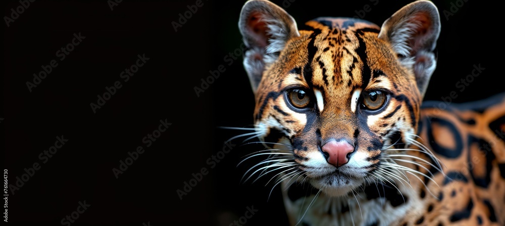 Obraz premium Male margay and kitten portrait, spacious area for text, object positioned on the right side