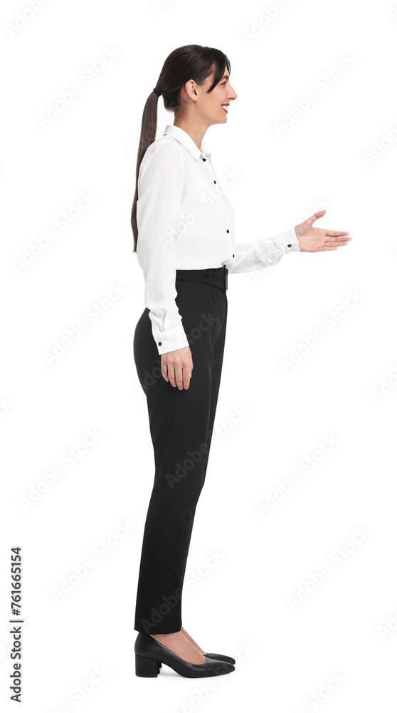 Happy businesswoman greeting someone on white background Happy businesswoman greeting someone on white background