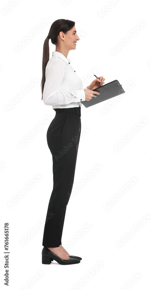 Happy businesswoman with clipboard on white background Happy businesswoman with clipboard on white background