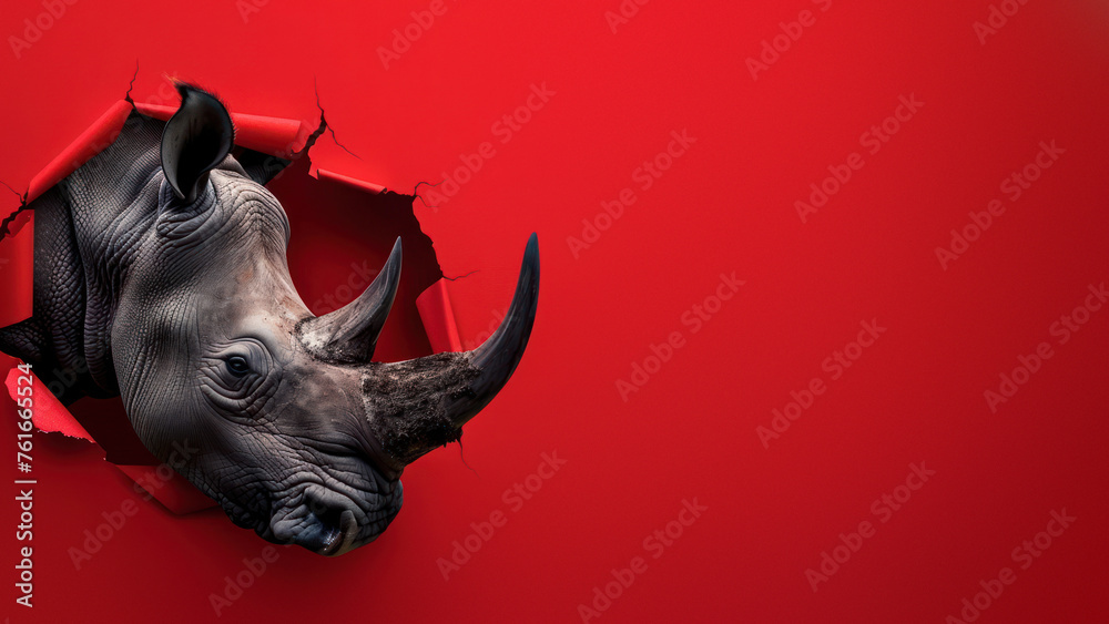 Fototapeta premium An impactful shot of a rhino emerging from a ruptured red paper, evoking a sense of breakthrough