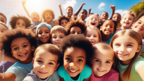 Group of Multi-ethnic children looking at camera and posing together. Diverse different cool school students boys and girls wide angle. Concept diversity and inclusion photo