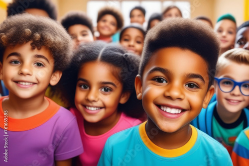 Smiling group of Multi-ethnic children looking at camera and posing together. Diverse different cool school students boys and girls wide angle. Concept diversity and inclusion photo