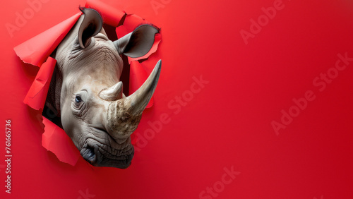 An impactful shot of a rhino emerging from a ruptured red paper, evoking a sense of breakthrough