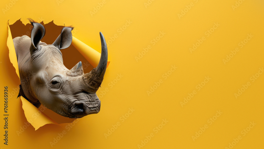 Obraz premium An intriguing image showing a rhino emerging through a ripped yellow paper background, evoking curiosity and surprise